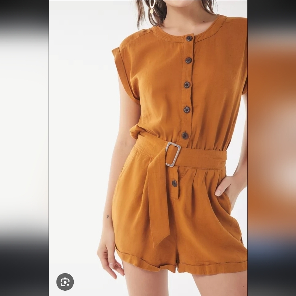 UO Julie Linen Blend Button-Down Romper Size Small Brown Minimalist
